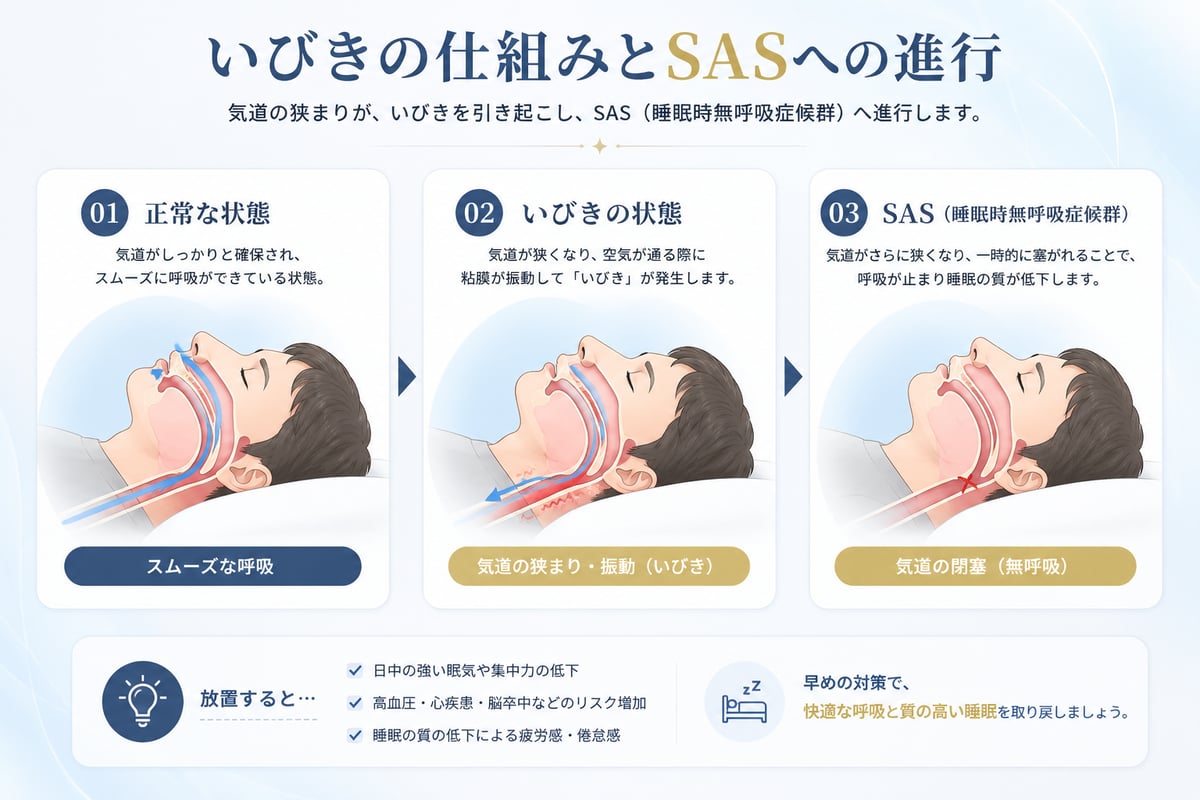 いびきの仕組みの図解。睡眠中に気道が狭くなり閉塞すること、放置による睡眠時無呼吸症候群(SAS)への進行を示す。